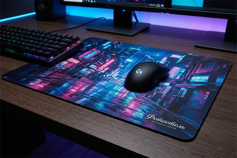 Большой геймерский коврик для мыши 29х40 см с кастомным неоновым принтом и гладкими прямыми краями на рабочем столе