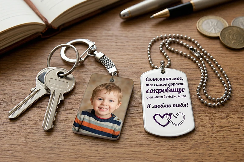 Ассортимент брелоков с фото на заказ: акриловые и металлические заготовки прямоугольной формы, в виде сердца и жетона с печатью картинок, логотипов и фотографий питомцев