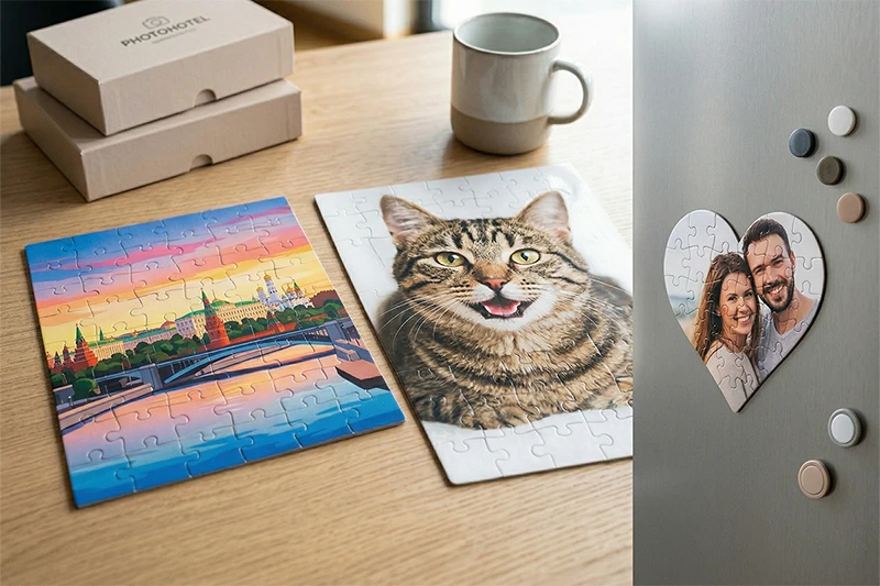 Ассортимент горизонтальных пазлов на заказ в Фотоотеле: магнитный пазл сердце с фото, картонные А3 и А4.