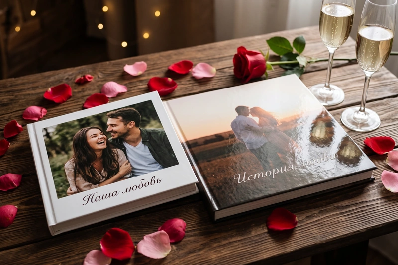 Две фотокниги Love Story в твердых глянцевых фотообложках с фотографиями влюбленных пар на деревянном столе с лепестками роз.