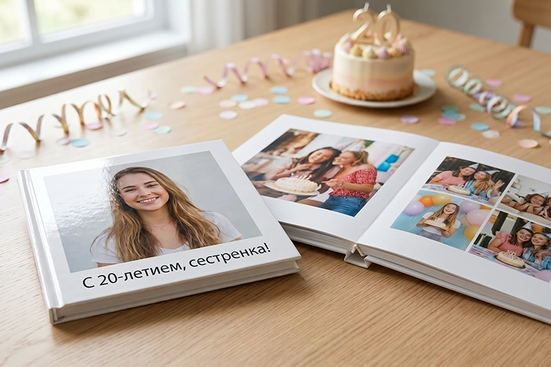 Закрытая глянцевая фотокнига с надписью «С 20-летием, сестренка!» и раскрытая на 180 градусов премиум фотокнига в твердой обложке на праздничном столе.