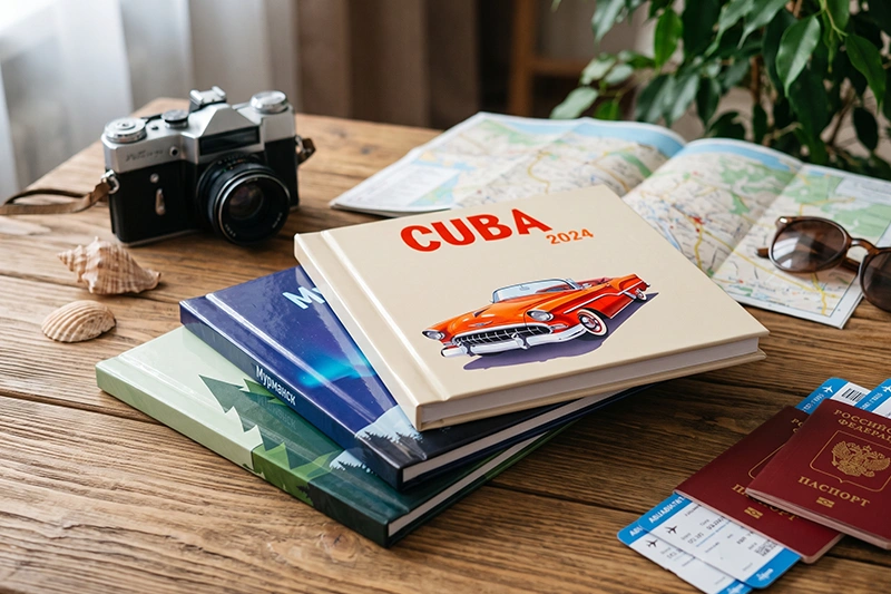 Три фотокниги Стандарт в твердой обложке о путешествиях, сверху альбом CUBA 2024