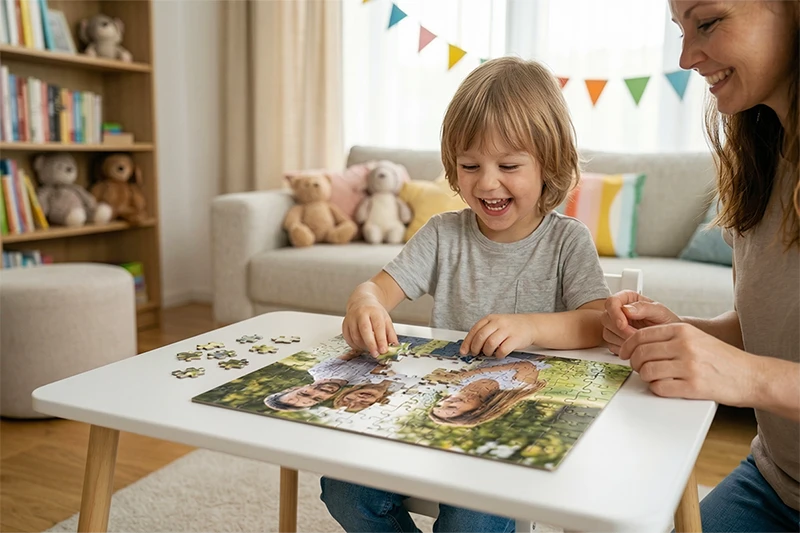 Ребёнок собирает пазл сделанный из фотографии на заказ