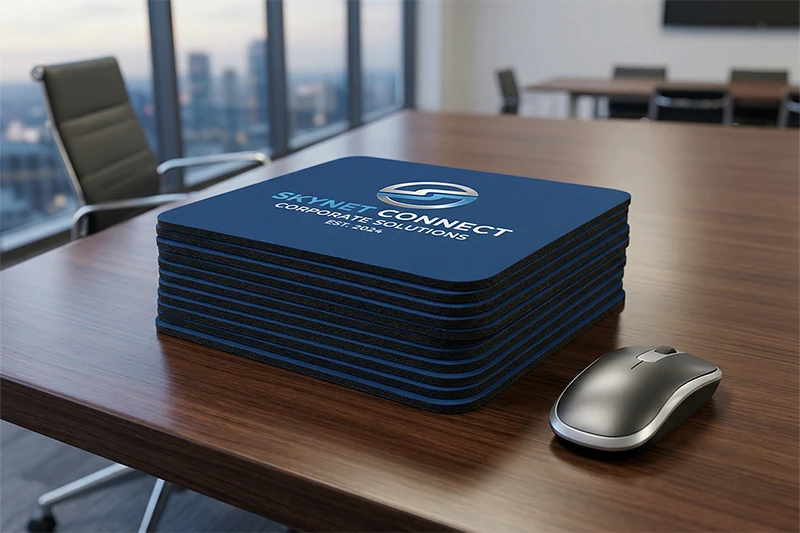 Стопка одинаковых синих ковриков для мыши "SKYNET CONNECT" с логотипом на заказ оптом, с гладкими прямыми краями на деревянном столе в офисе