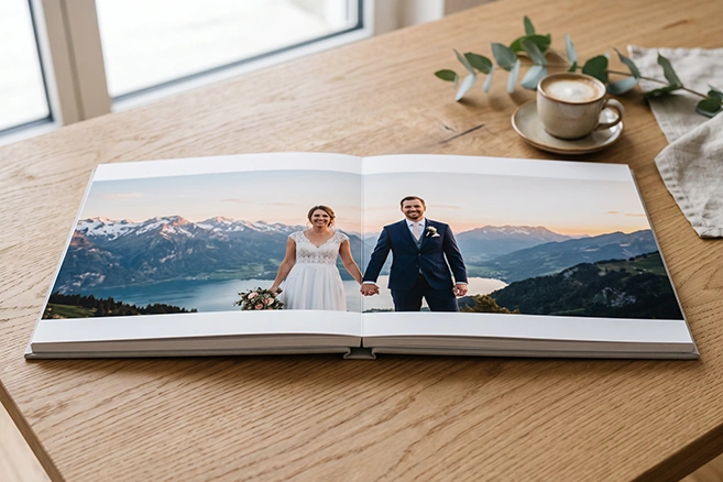 Раскрытая на 180 градусов layflat фотокнига, демонстрирующая абсолютно плоский панорамный разворот без шва по центру.