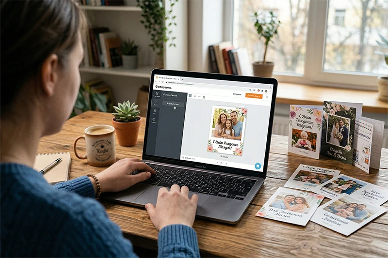 Процесс создания индивидуальной открытки с семейным фото и надписью С Днём Рождения, Мамуля! в онлайн-конструкторе Фотоотель. На деревянном столе лежат напечатанные образцы готовых фотооткрыток 10х15 и книжкой со сгибом