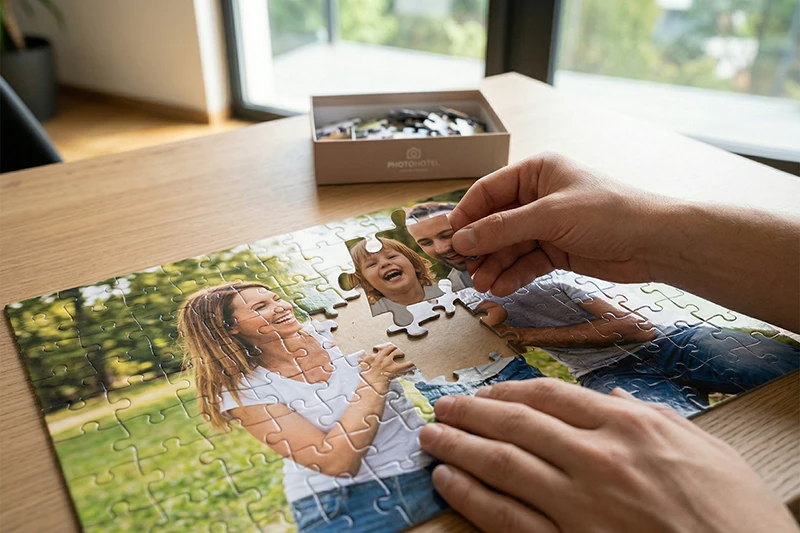Руки вставляют деталь в большой горизонтальный пазл по семейной фотографии, заказанный в Фотоотель.