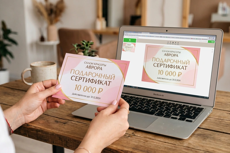 Готовый подарочный сертификат в руках после печати на фоне ноутбука с открытым онлайн-конструктором макетов