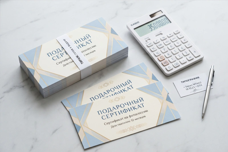 Готовый тираж напечатанных сертификатов и стильный настольный калькулятор на белом столе