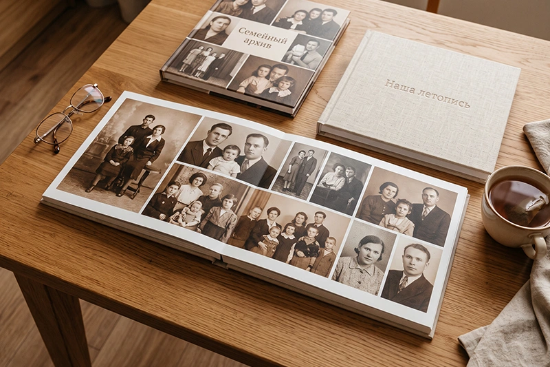 Раскрытая семейная фотокнига с плотными страницами и архивными фотографиями на деревянном столе. Рядом лежат два закрытых альбома: вертикальный с фотоколлажем Семейный архив и горизонтальная фотокнига в светлой тканевой обложке Наша летопись