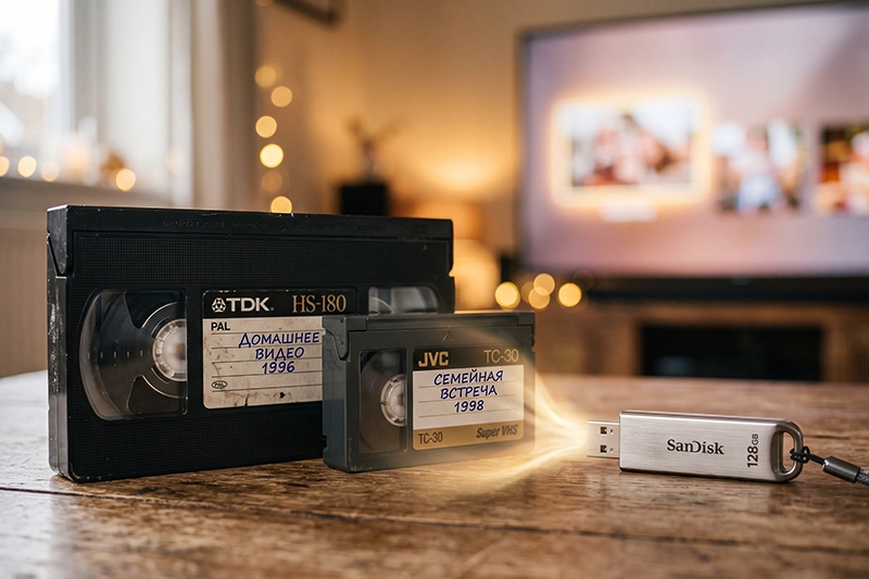 Видеокассеты VHS и VHS-C рядом с металлической флешкой — процесс оцифровки домашних видеоархивов в фотоцентре Фотоотель