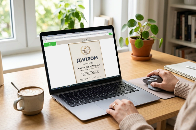 Интерфейс онлайн-конструктора для создания наградного диплома на экране ноутбука